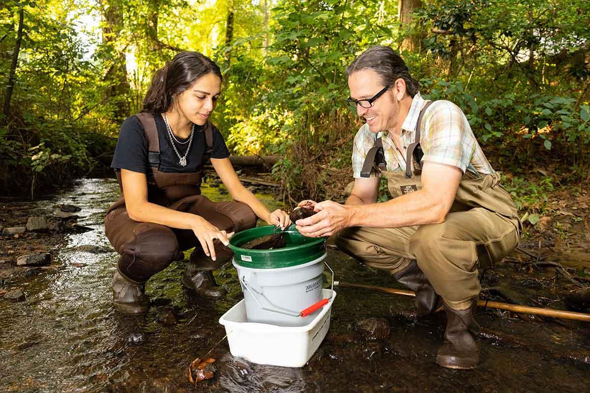 Dr. 特洛伊·马奇勒和一个学生在小溪里采集样本. / Dr. 特洛伊·马奇勒和一个学生在小溪里采集样本.