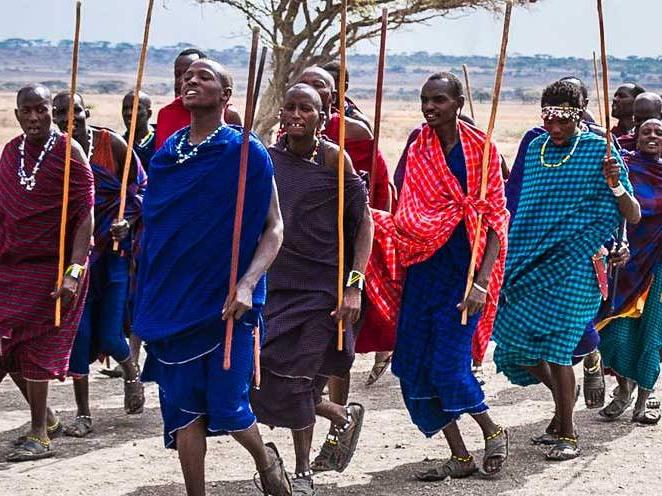 Group of people in Africa walking with sticks
